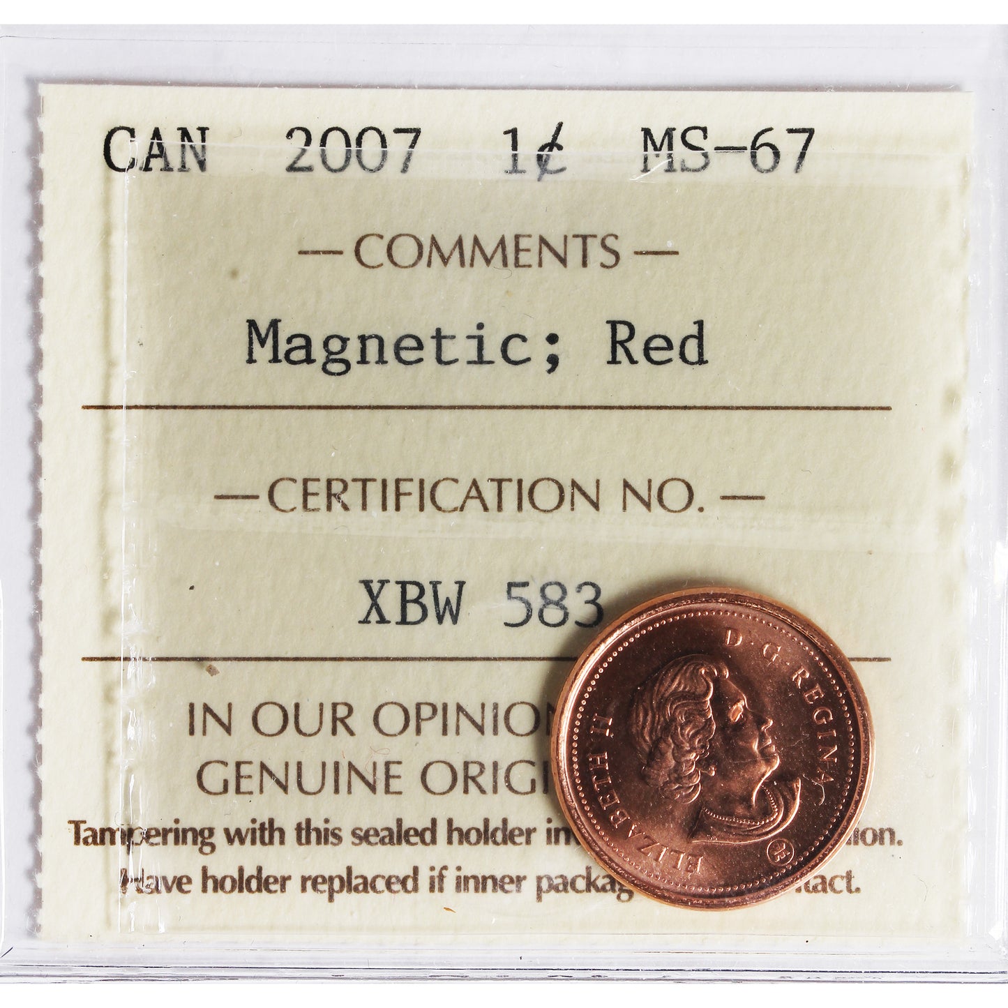 2007 Magnetic Canada 1-cent ICCS Certified MS-67 Red