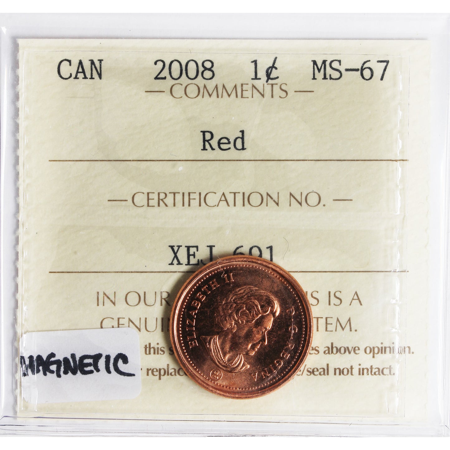 2008 Canada 1-cent ICCS Certified MS-67 Red