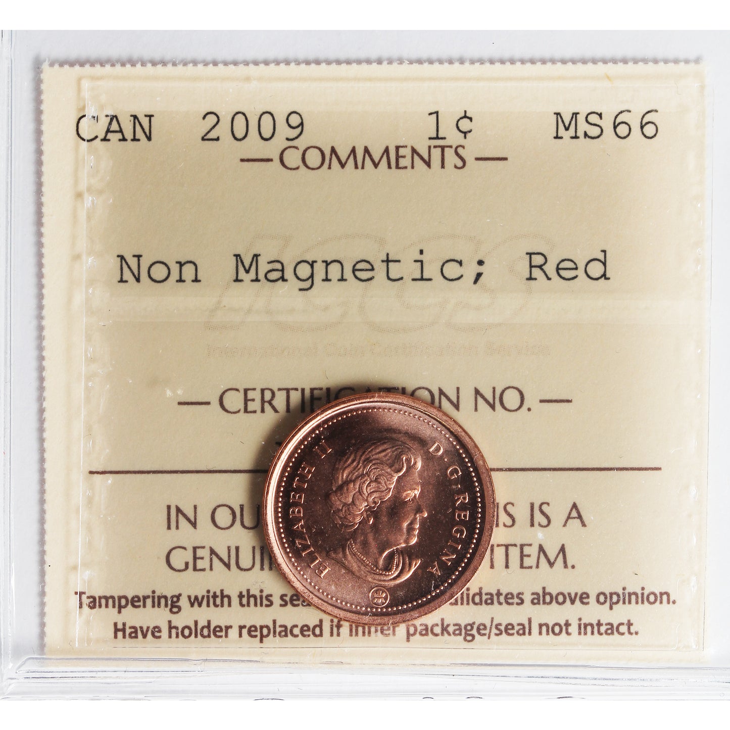 2009 Non Magnetic Canada 1-cent ICCS Certified MS-66 Red