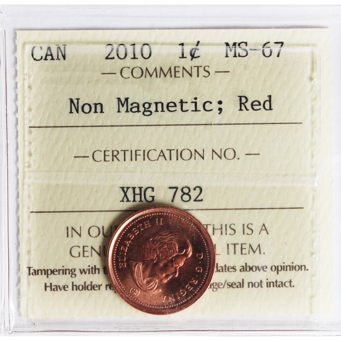 2010 Non Magnetic Canada 1-cent ICCS Certified MS67 Red