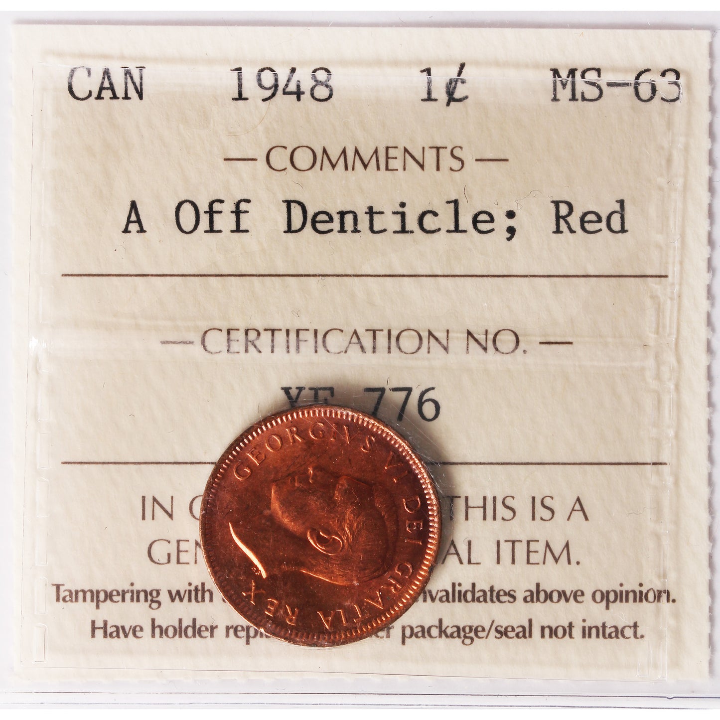 1948 A Off Denticle Canada 1-cent ICCS Certified MS-63 Red