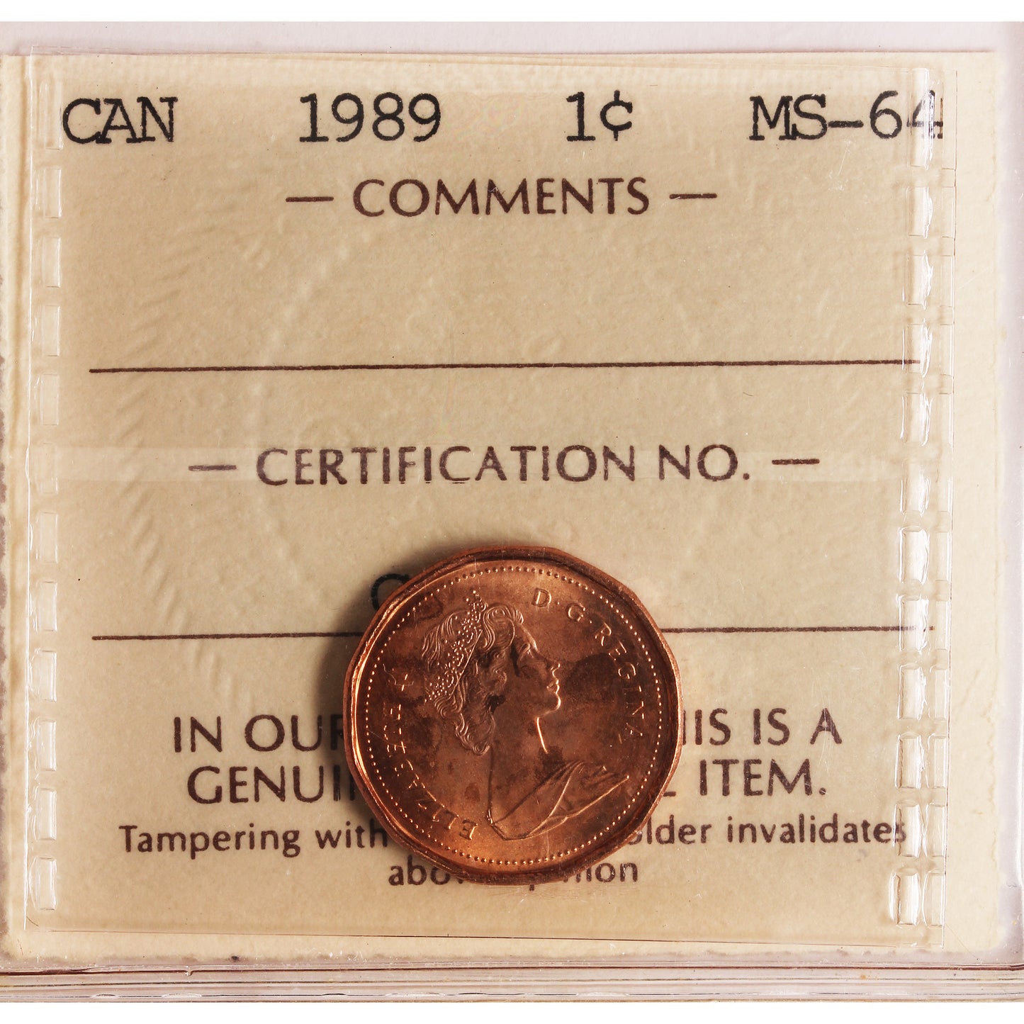 1989 Canada 1-cent ICCS Certified MS64 Red