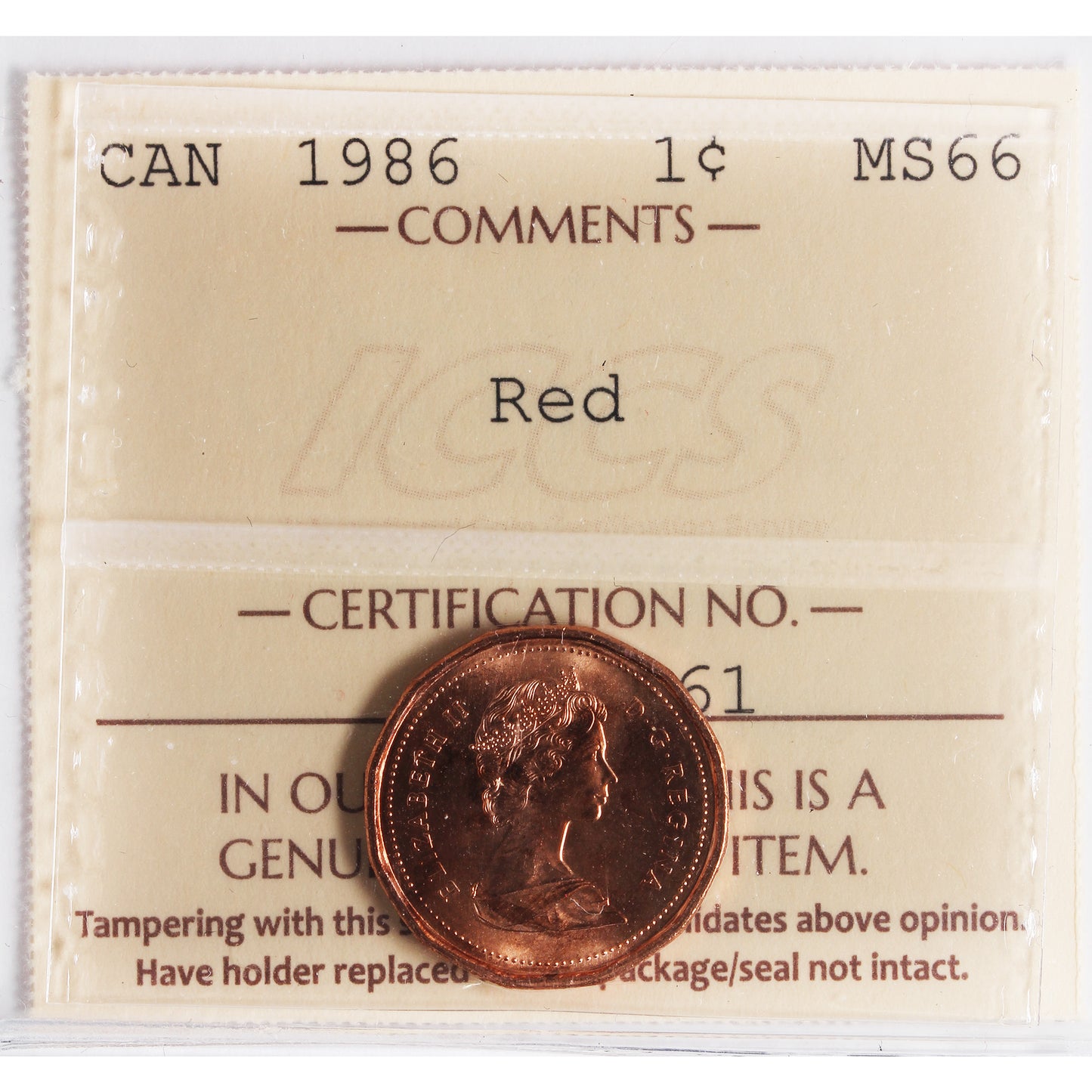 1986 Canada 1-cent ICCS Certified MS-66 Red