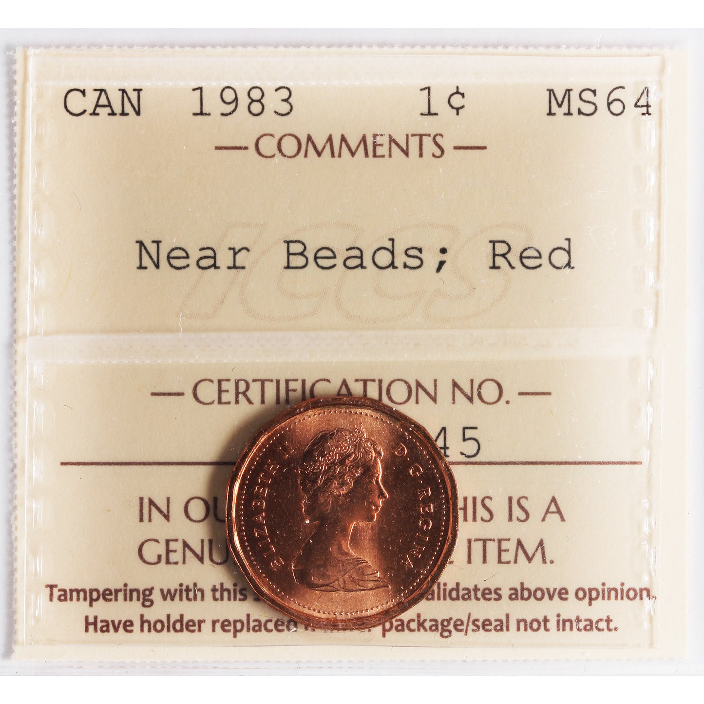 1983 Near Beads Canada 1-cent ICCS Certified MS-64 Red