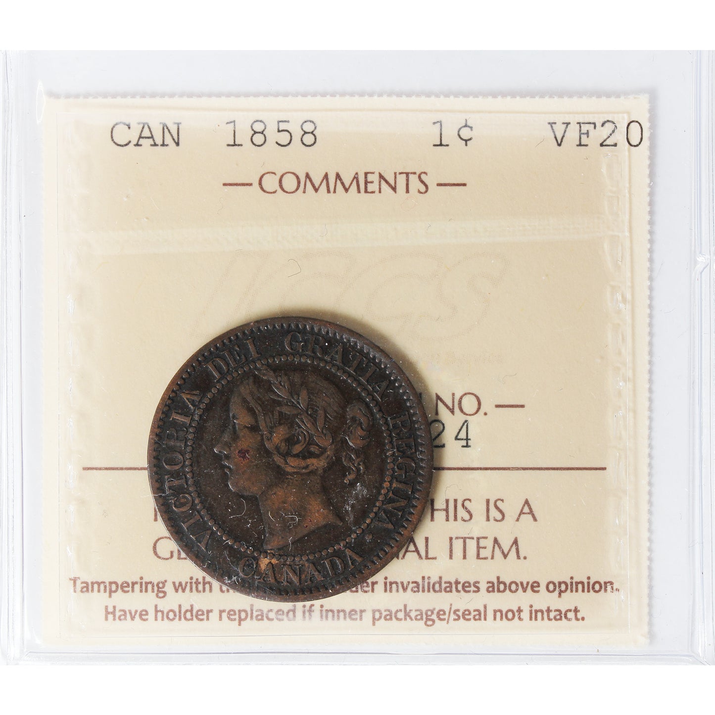 1858 Canada 1-cent ICCS Certified VF-20