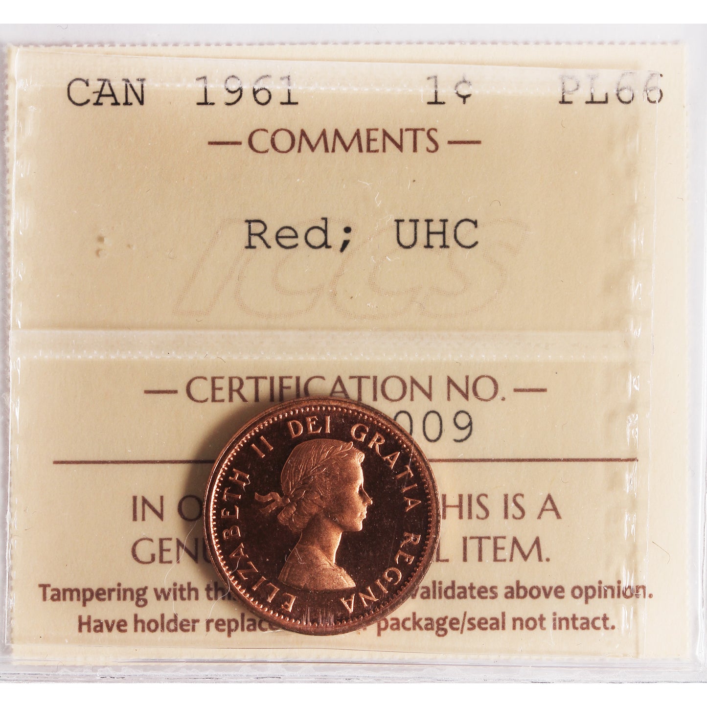 1961 Canada 1-cent ICCS Certified PL66 Red; UHC