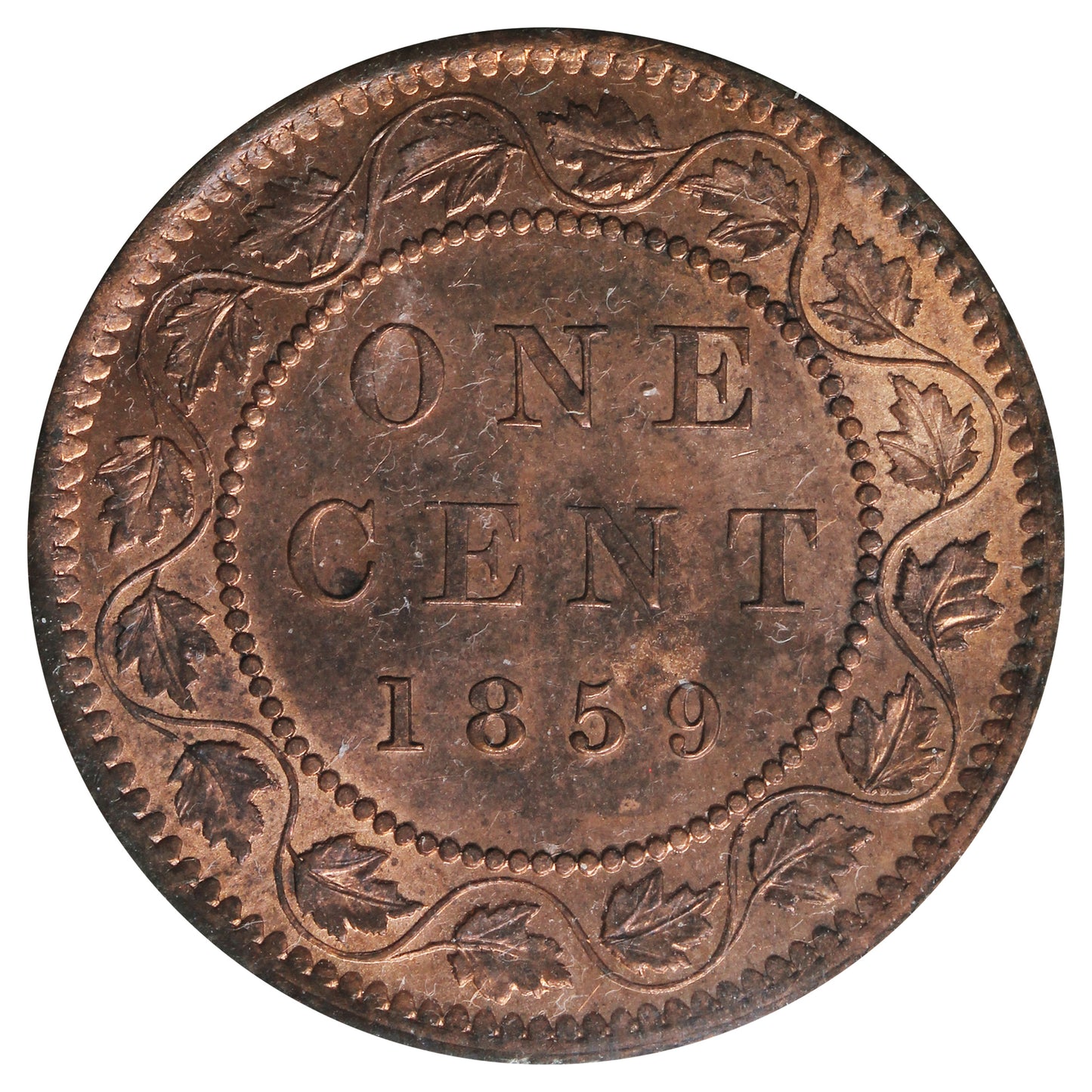 1859 Narrow 9 Canada 1-cent ICCS Certified MS63 Red (CL 290)