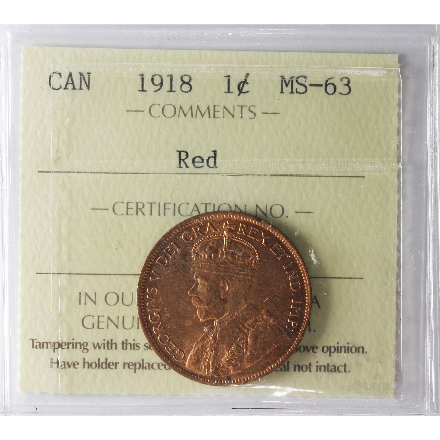 1918 Canada 1-cent ICCS Certified MS63 Red
