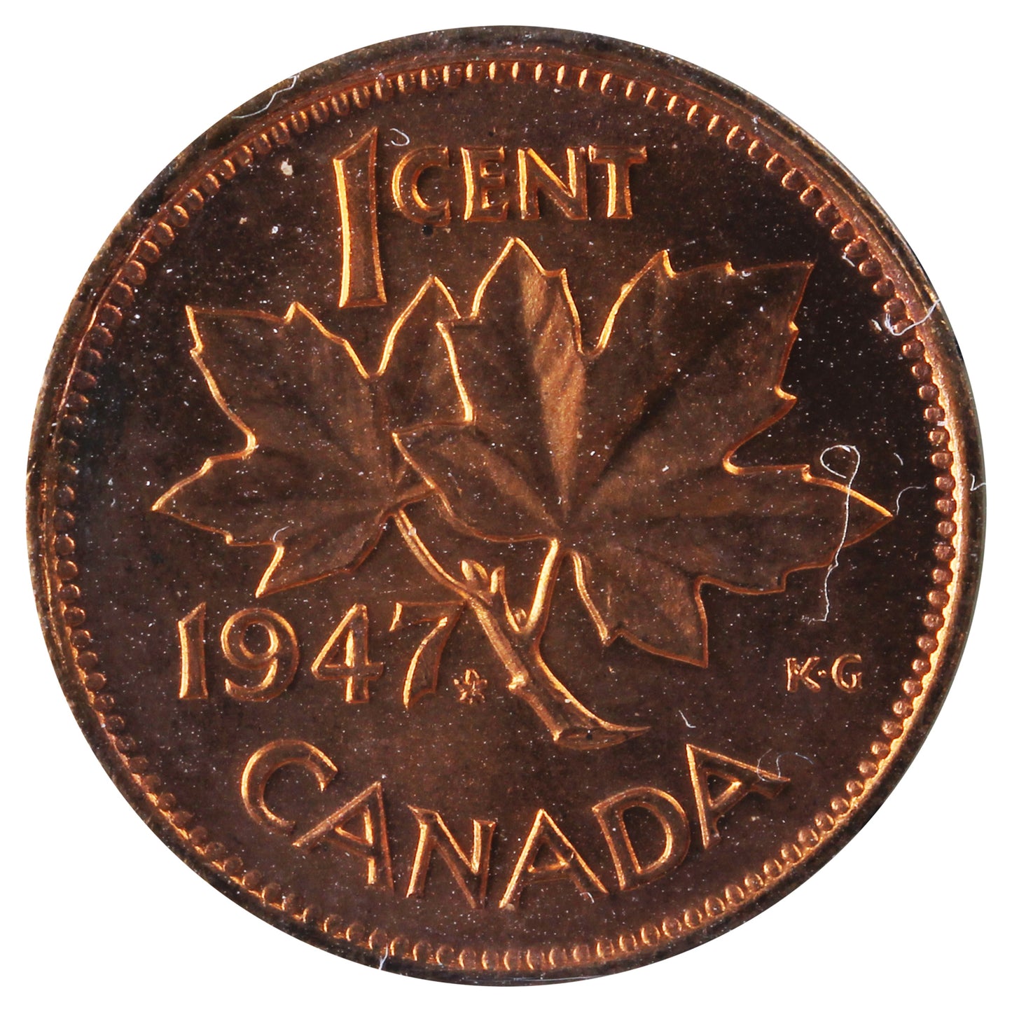 1947 Maple Leaf, Pointed 7 Canada 1-cent ICCS Certified MS64 Red