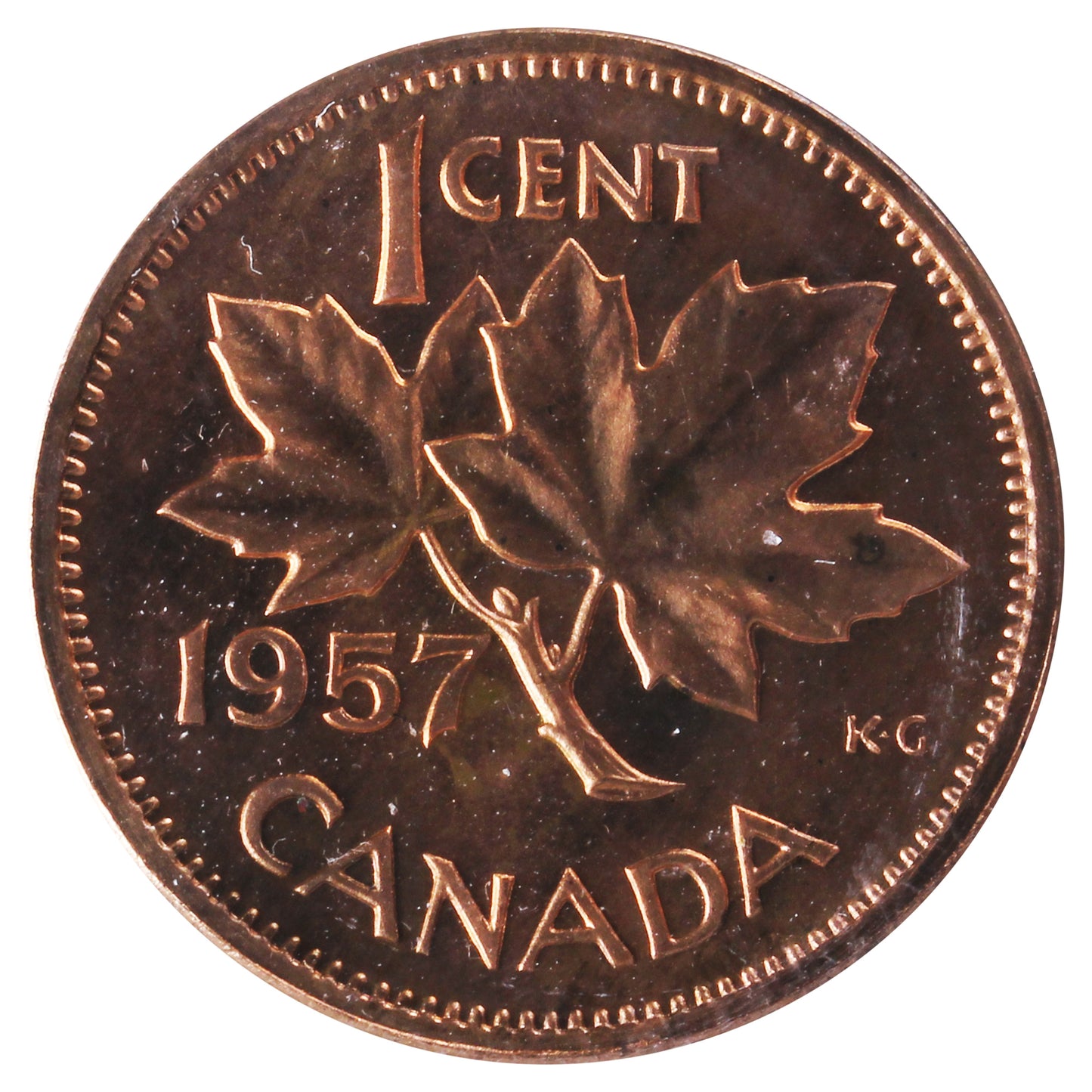 1957 Canada 1-cent ICCS Certified PL65 Red; Heavy Cameo