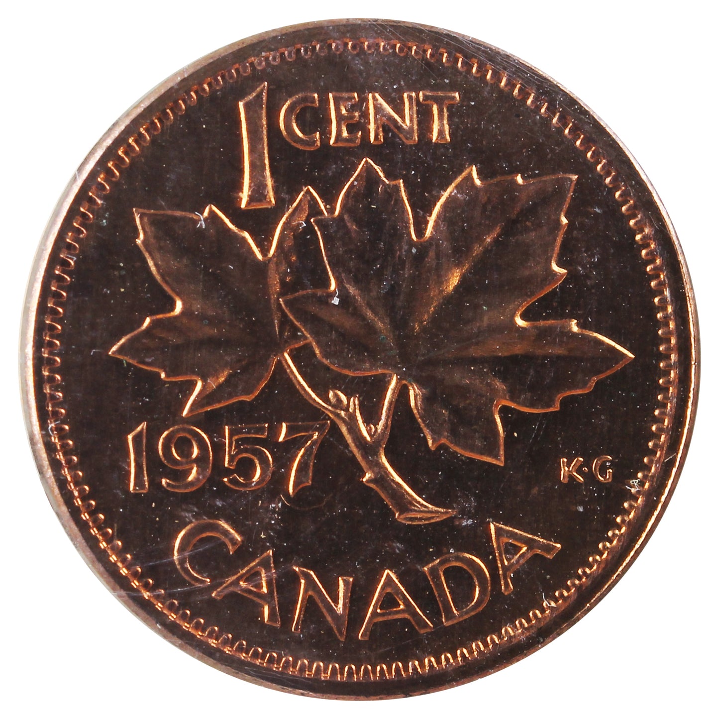1957 Canada 1-cent ICCS Certified PL65 Red; Cameo