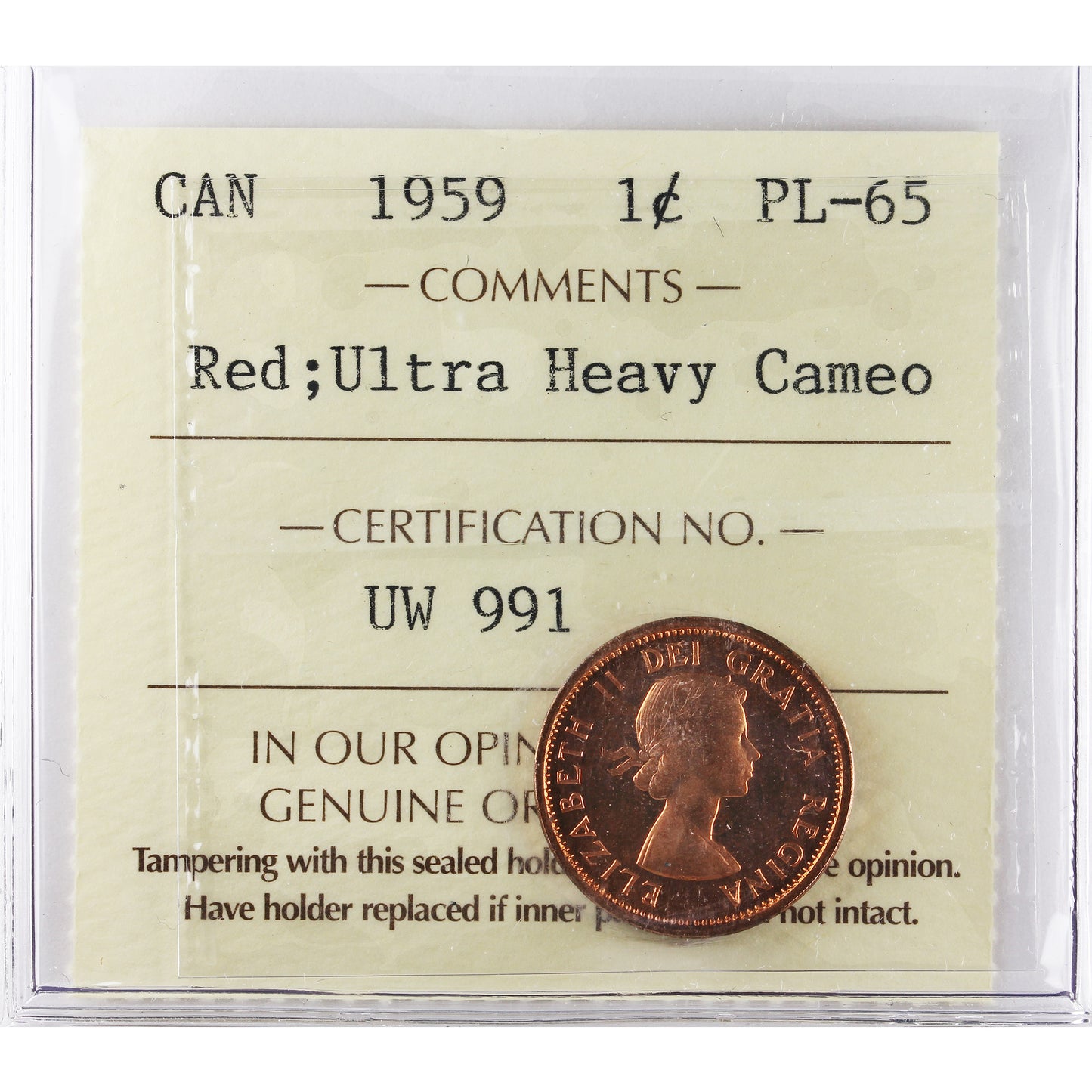 1959 Canada 1-cent ICCS Certified PL65 Red; Ultra Heavy Cameo