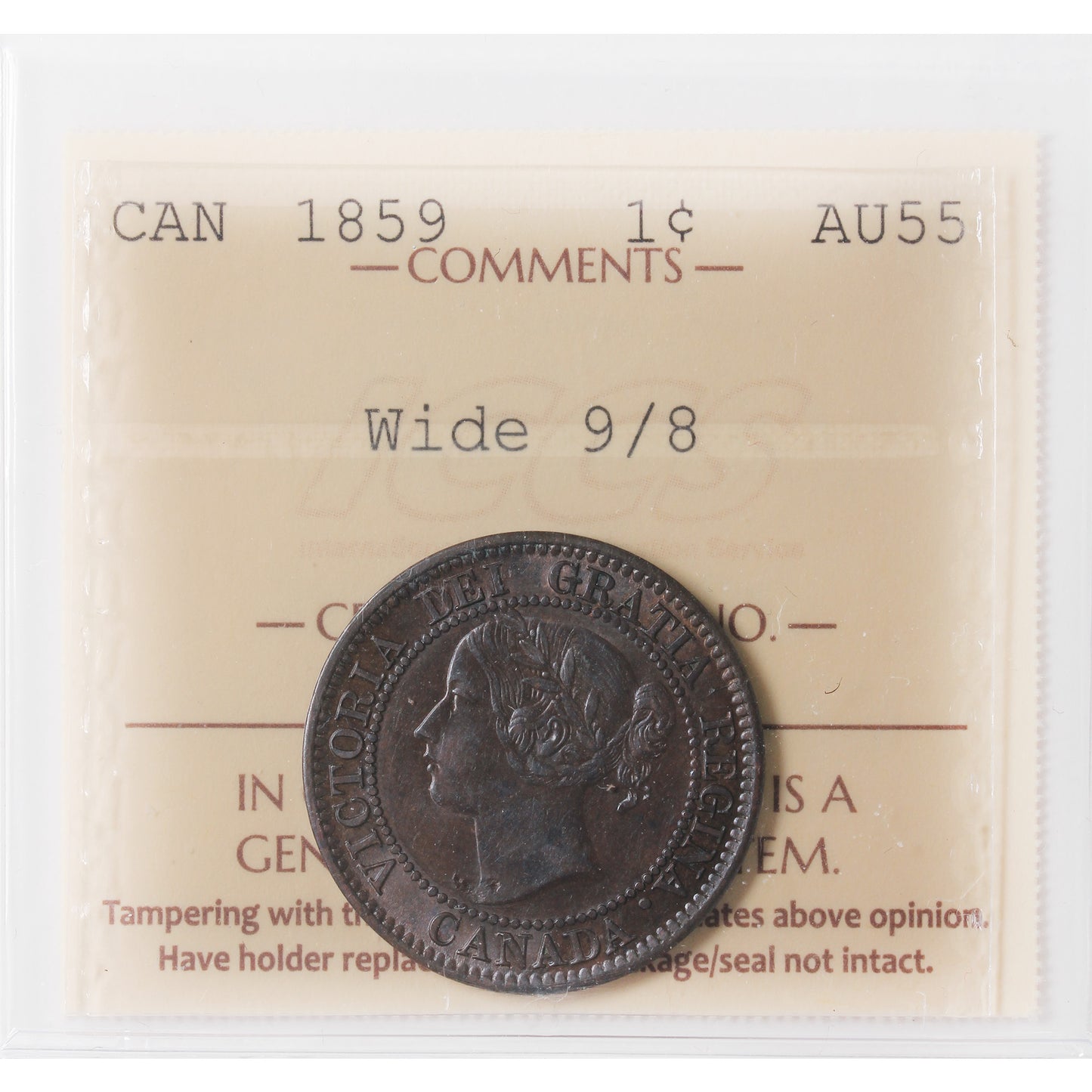 1859 Wide 9/8 Canada 1-cent ICCS Certified AU55