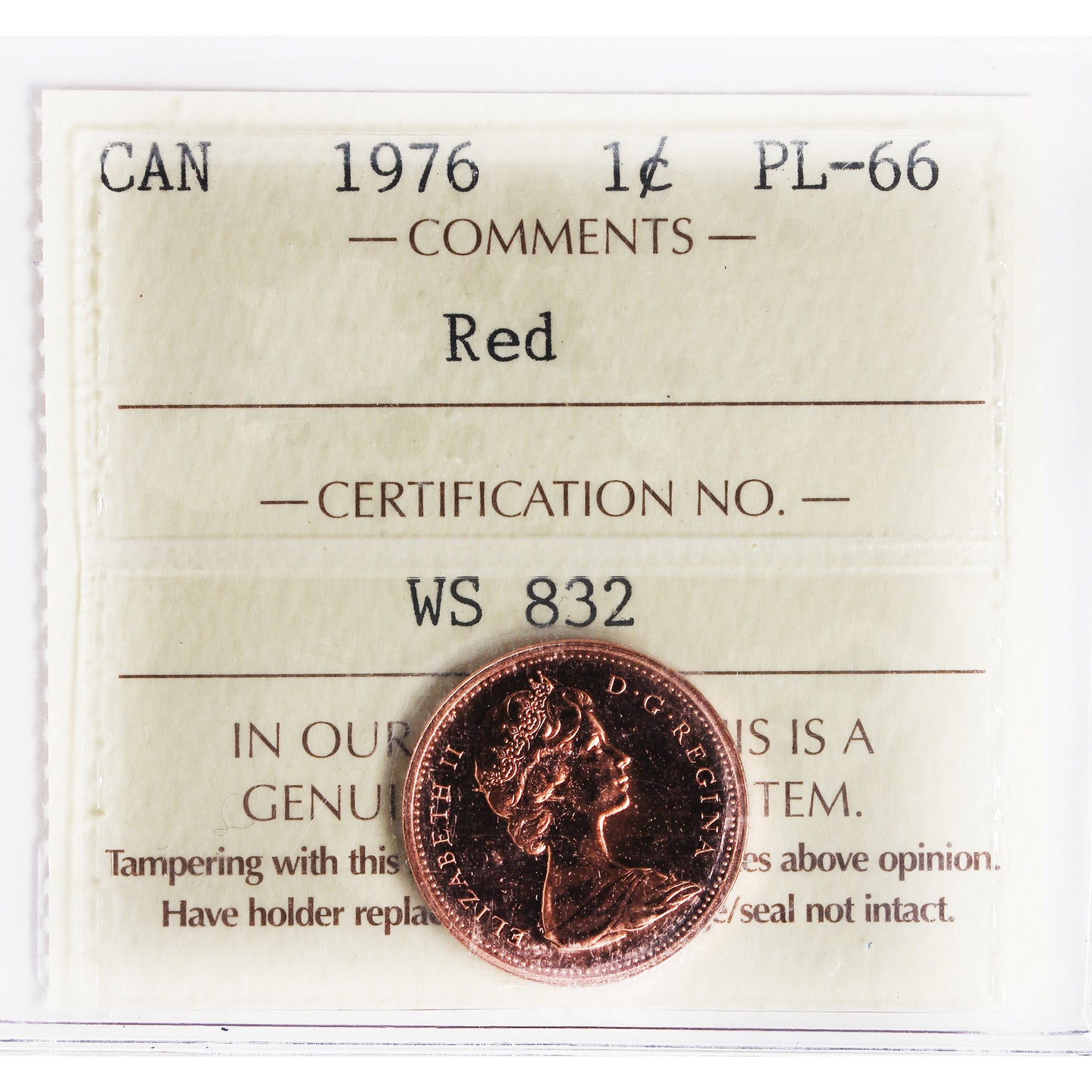1976 Canada 1-cent ICCS Certified PL66 Red
