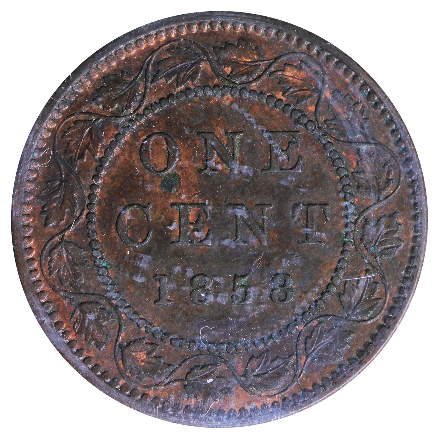 1858 Canada 1-cent ICCS Certified MS-60 Brown
