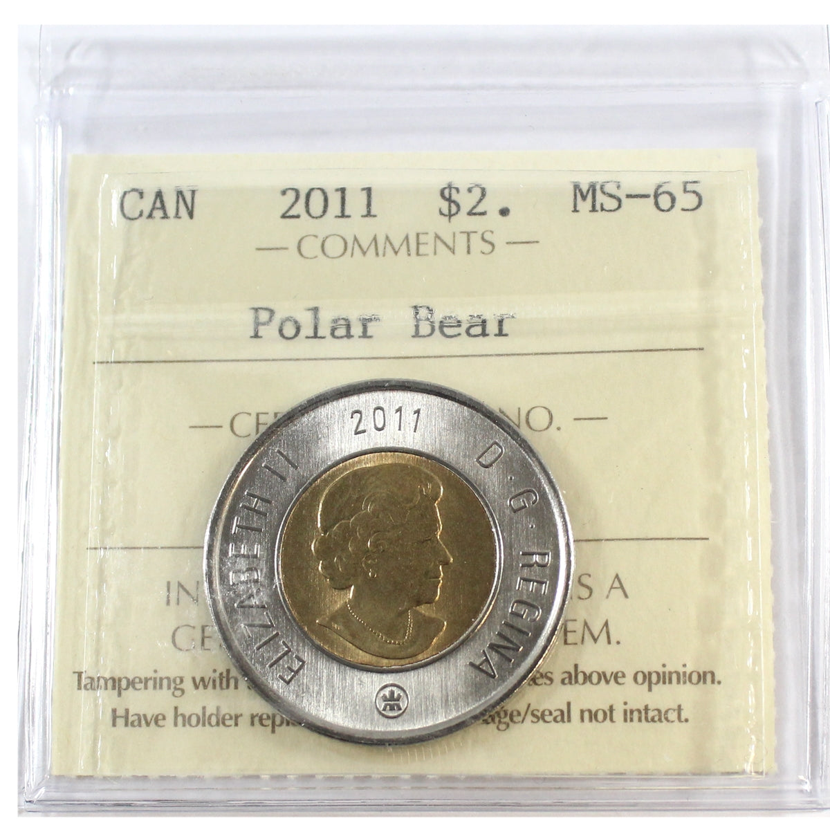 2011 Polar Bear Canada Two Dollar ICCS Certified MS65