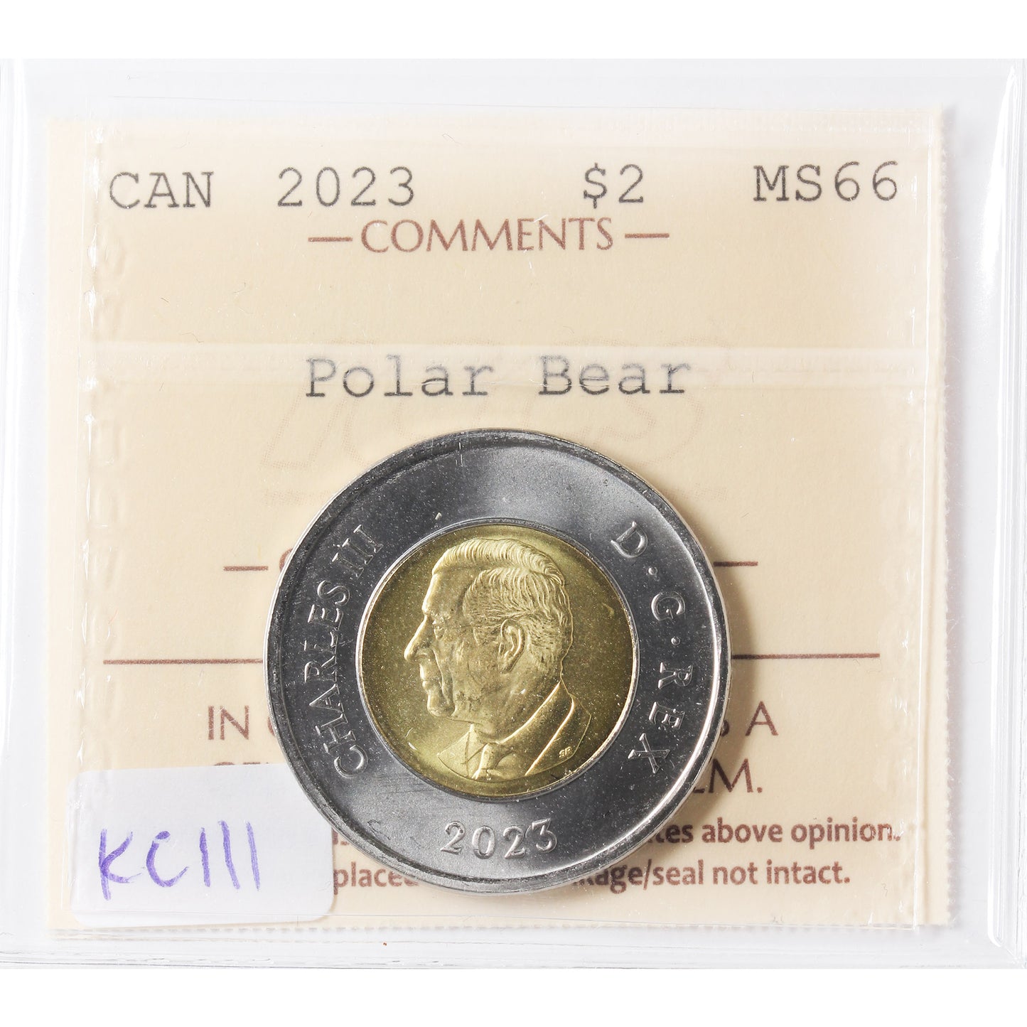 2023 KCIII Polar Bear Canada Two Dollars ICCS Certified MS66