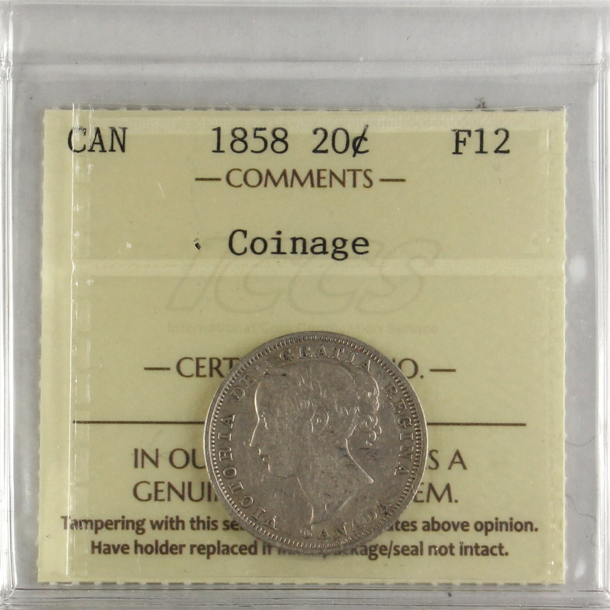 1858 Coinage Canada 20-cents ICCS Certified F12