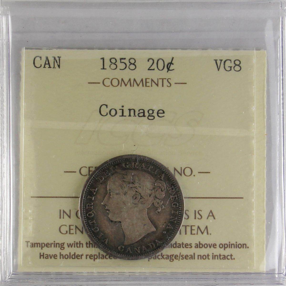 1858 Coinage Canada 20-cents ICCS Certified VG8