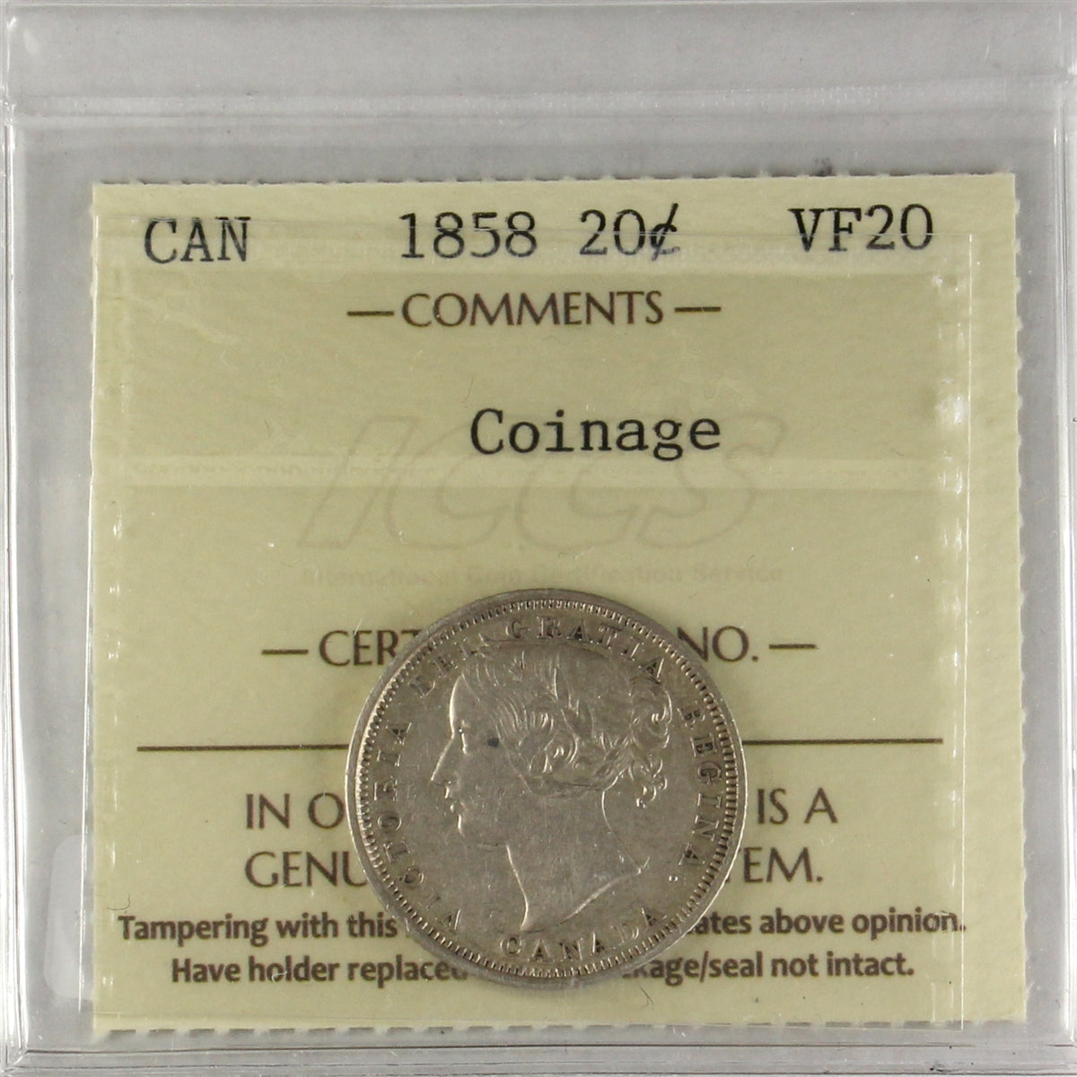 1858 Coinage Canada 20-cents ICCS Certified VF20