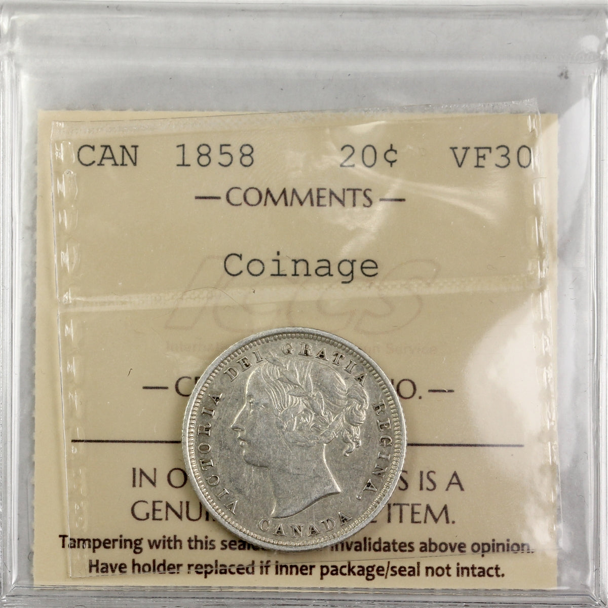 1858 Coinage Canada 20-cents ICCS Certified VF30