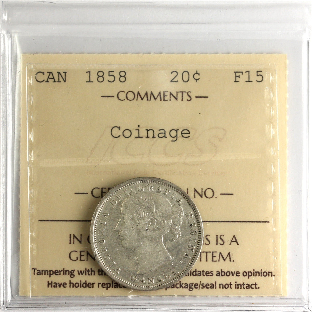 1858 Coinage Canada 20-cents ICCS Certified F15
