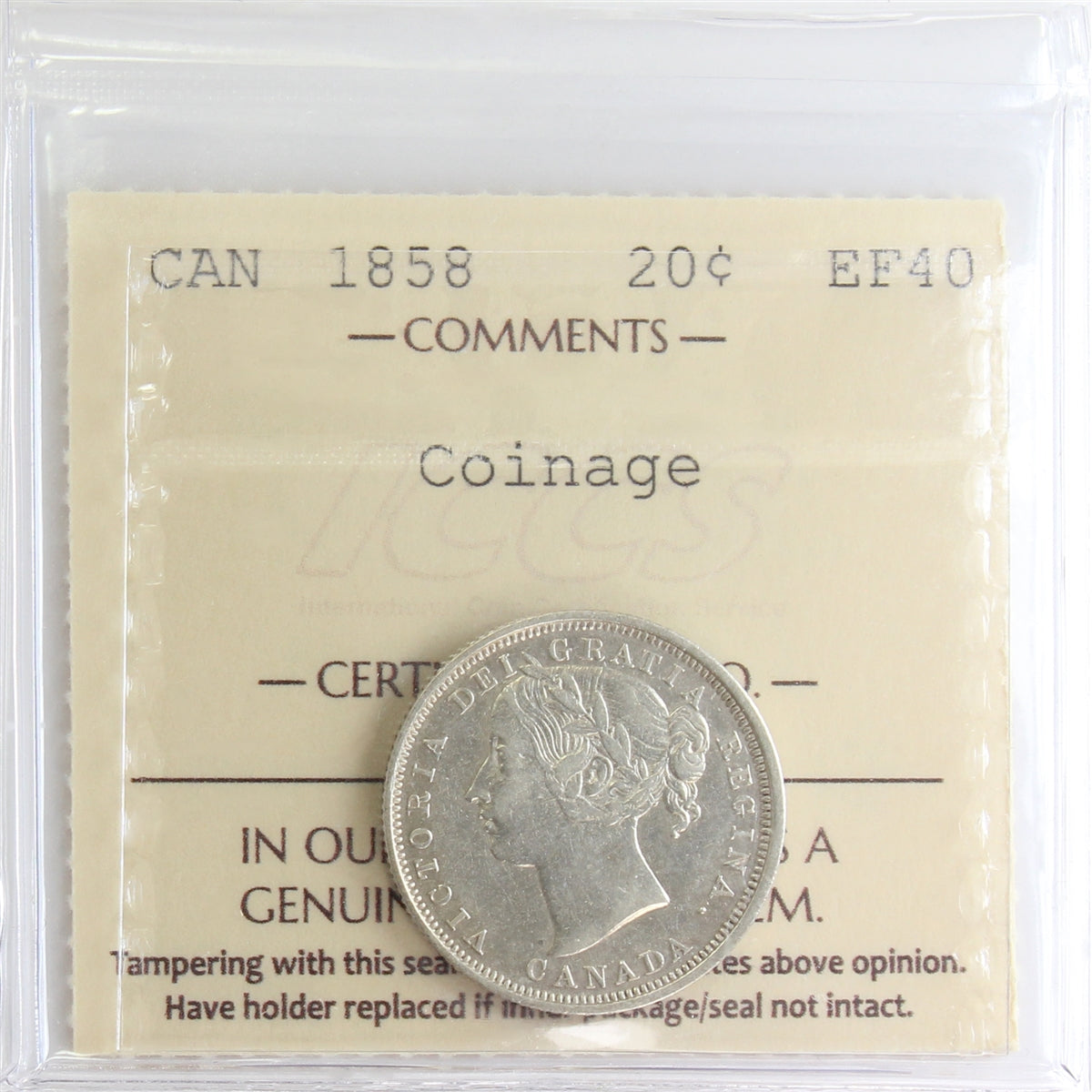 1858 Coinage Canada 20-cents ICCS Certified EF40