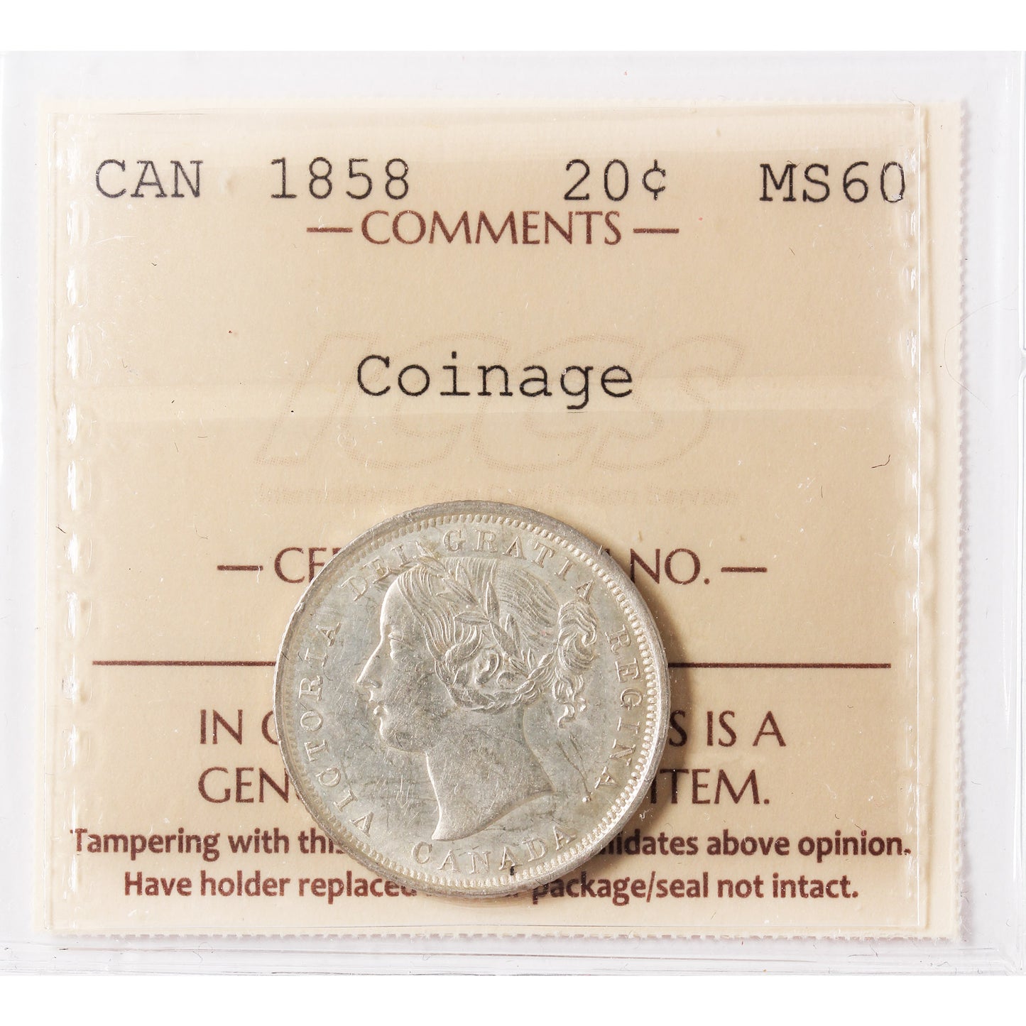 1858 Canada 20-cents ICCS Certified MS60 (XVR 138)