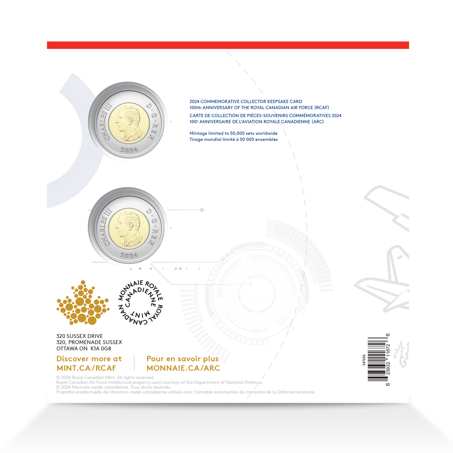 2024 Canada $2 100th Anniversary of the Royal Canadian Air Force Commemorative Collector Keepsake Card