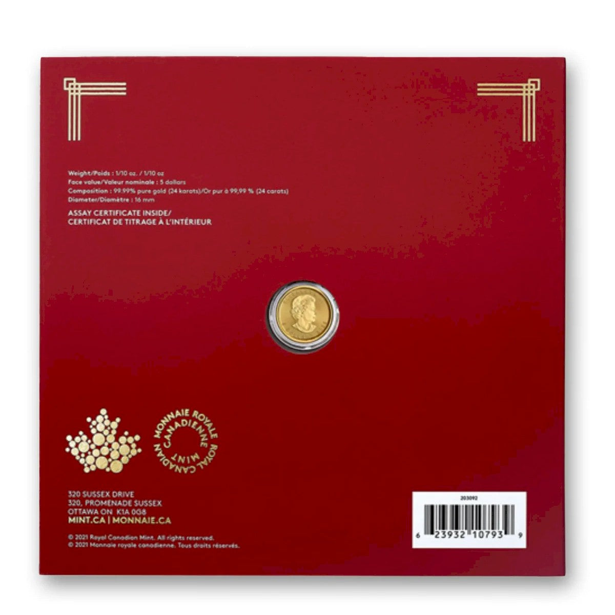 2022 Canada $5 Treasured Maple Leaf - Year of the Tiger 1/10oz. Pure Gold (No Tax)