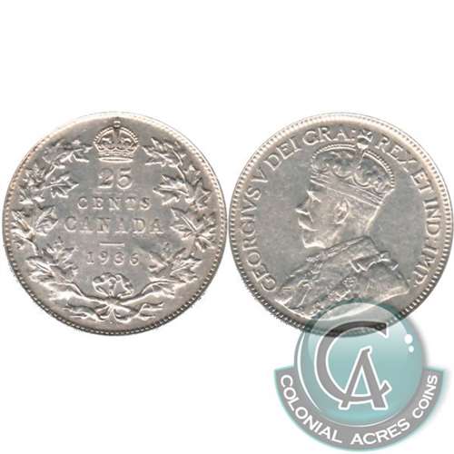1936 Dot Canada 25-cents Very Fine (VF20) $