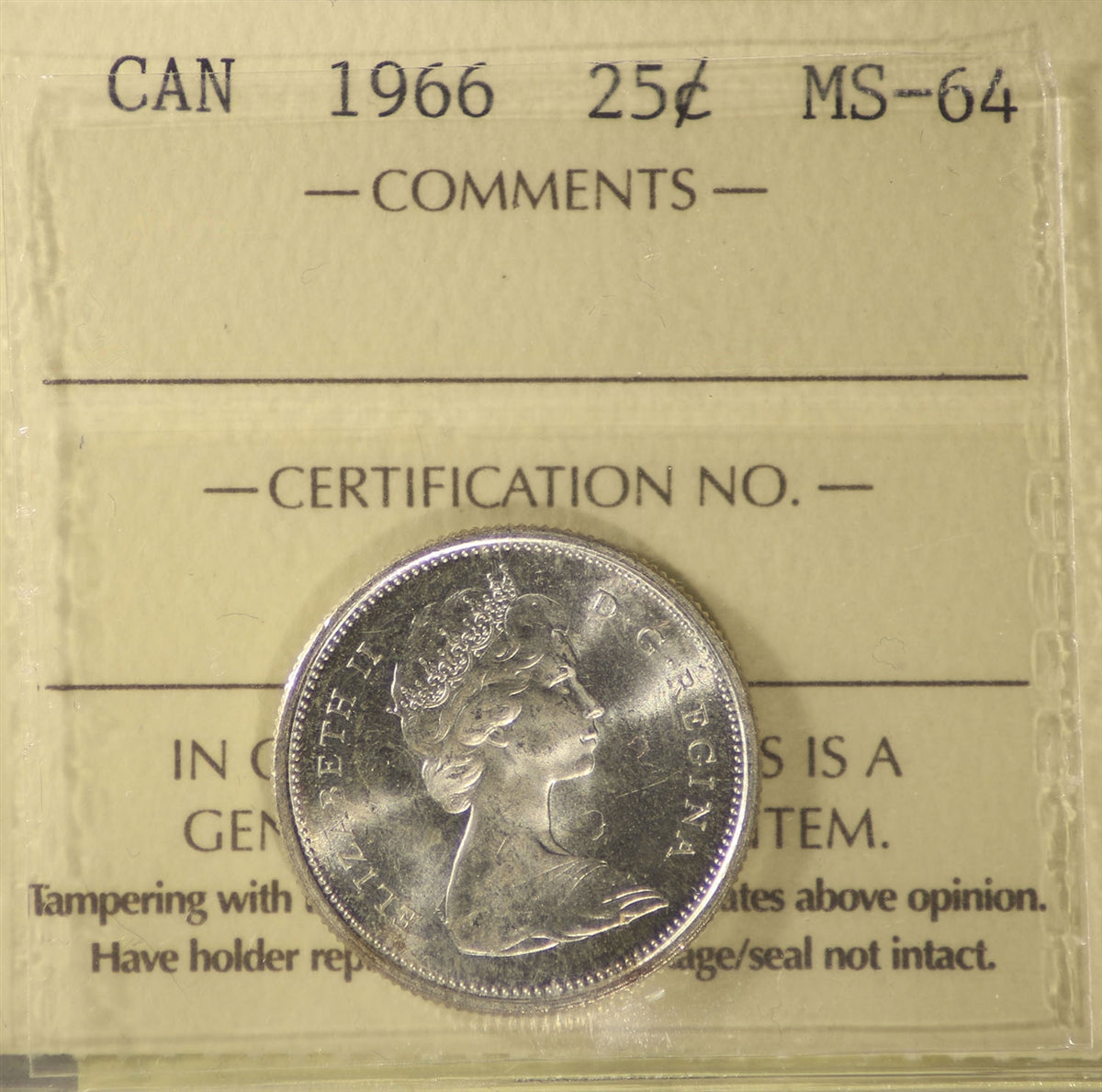 1966 Canada 25-cents ICCS Certified MS64 – Colonial Acres Coins