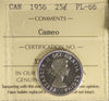 1956 Canada 25-cents ICCS Certified PL-66 Cameo