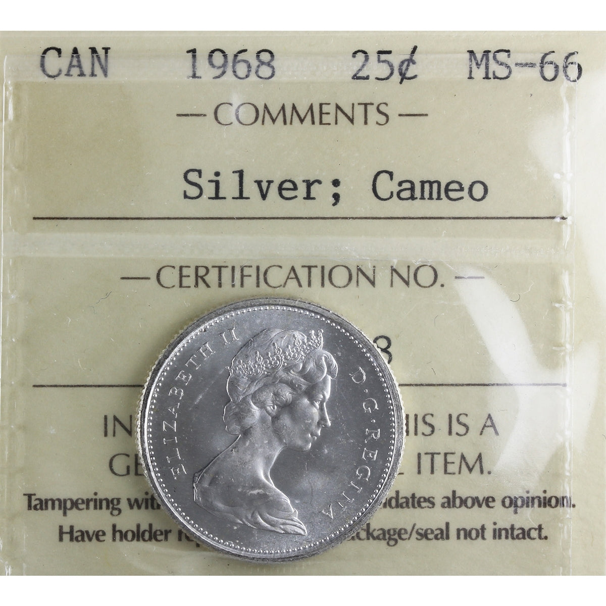 1968 Silver Canada 25-cents ICCS Certified MS66 Cameo – Colonial