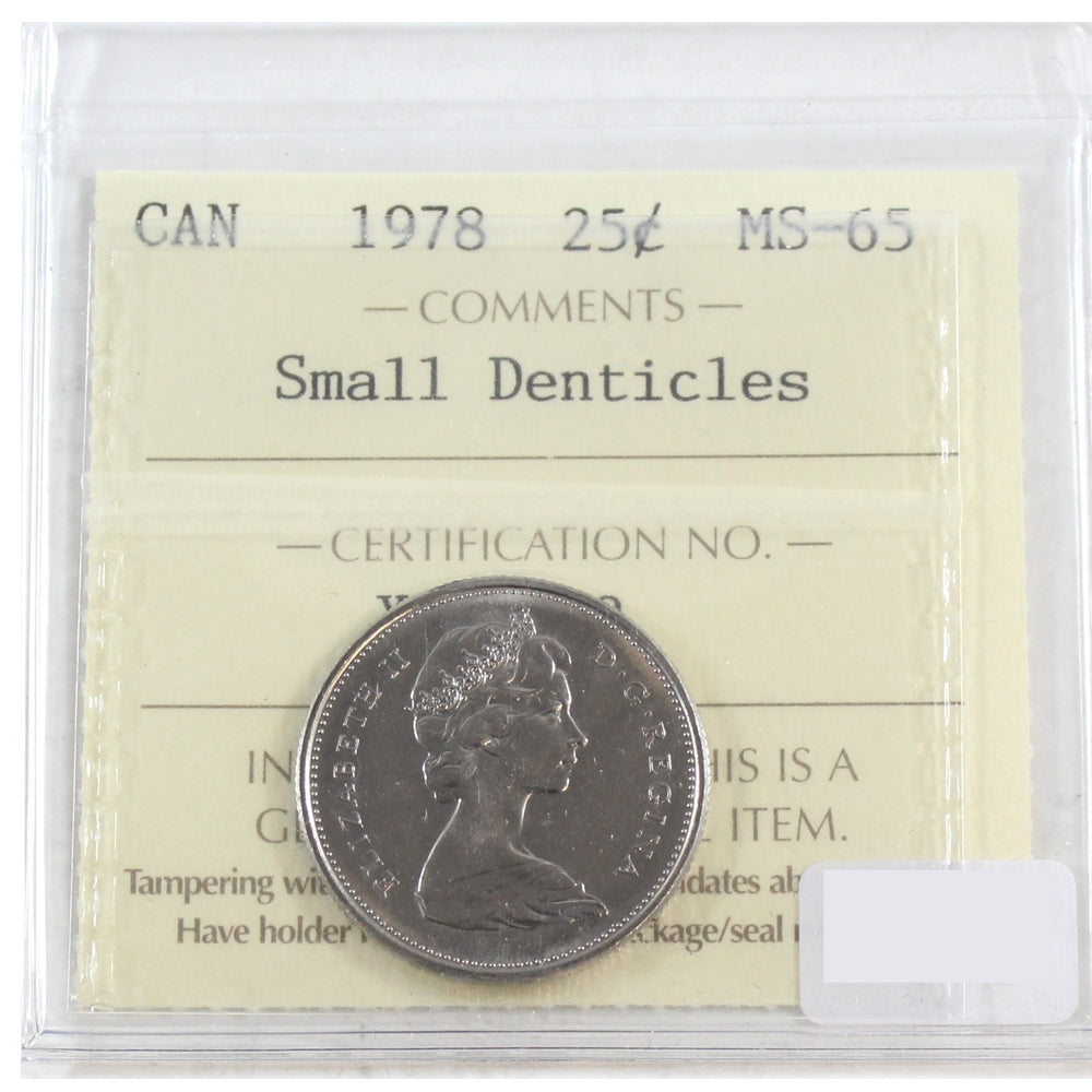 1978 Small Denticles Canada 25-cents ICCS Certified MS65