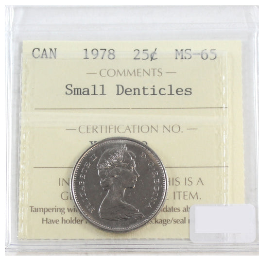 1978 Small Denticles Canada 25-cents ICCS Certified MS65