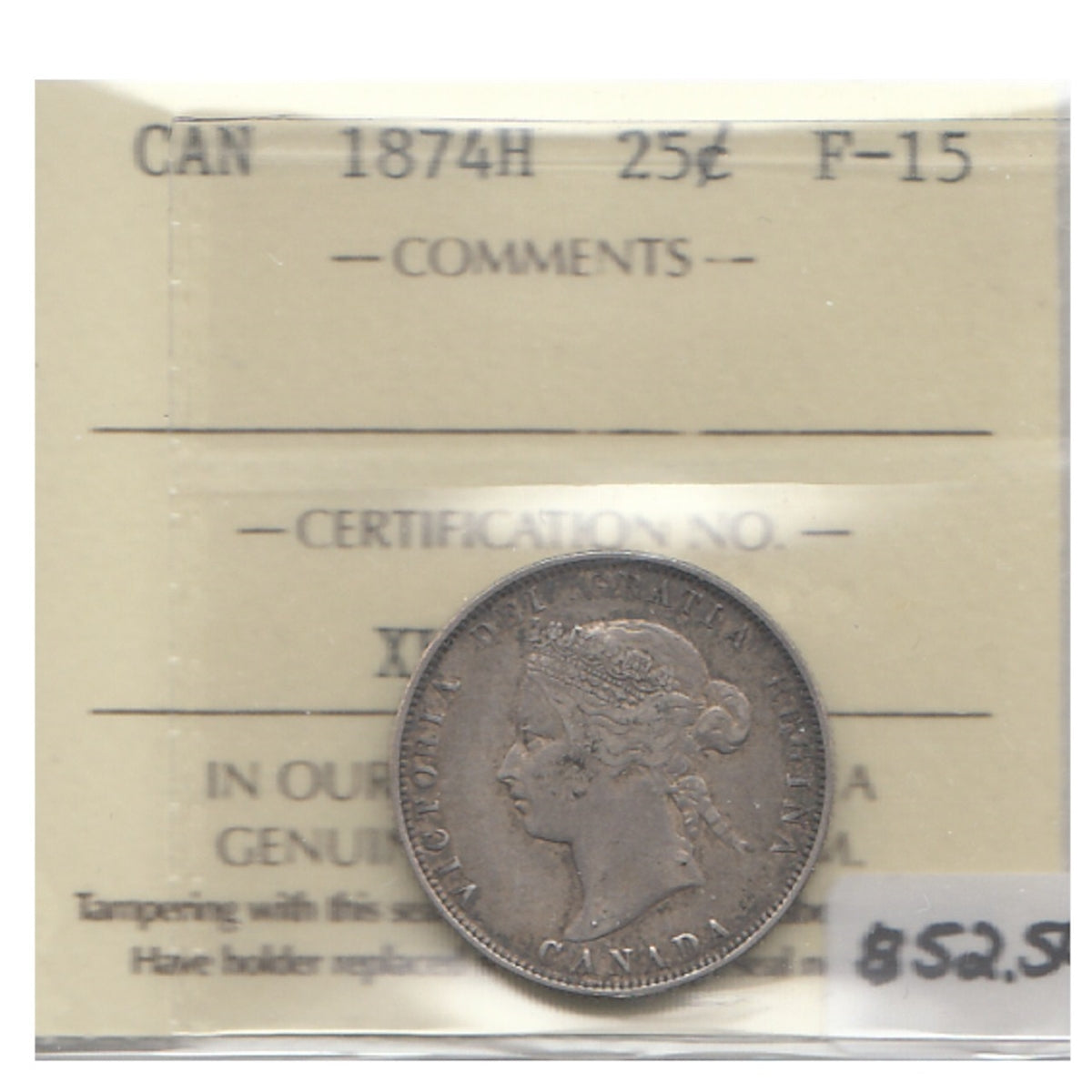 1874H Canada 25-cents ICCS Certified F15