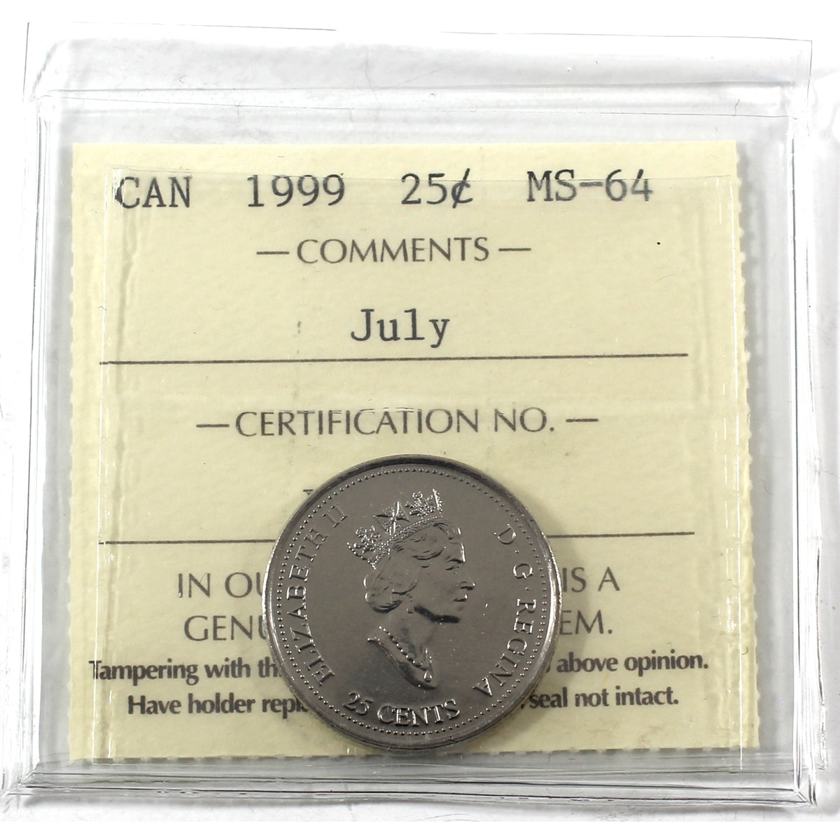1999 July Canada 25-cents ICCS Certified MS64
