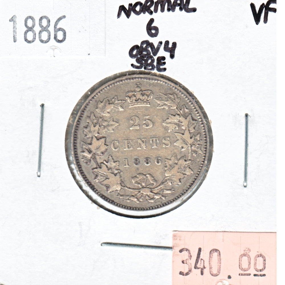 1886 Normal 6 Obv. 4 SBE Canada 25-cents Very Fine (VF20) $
