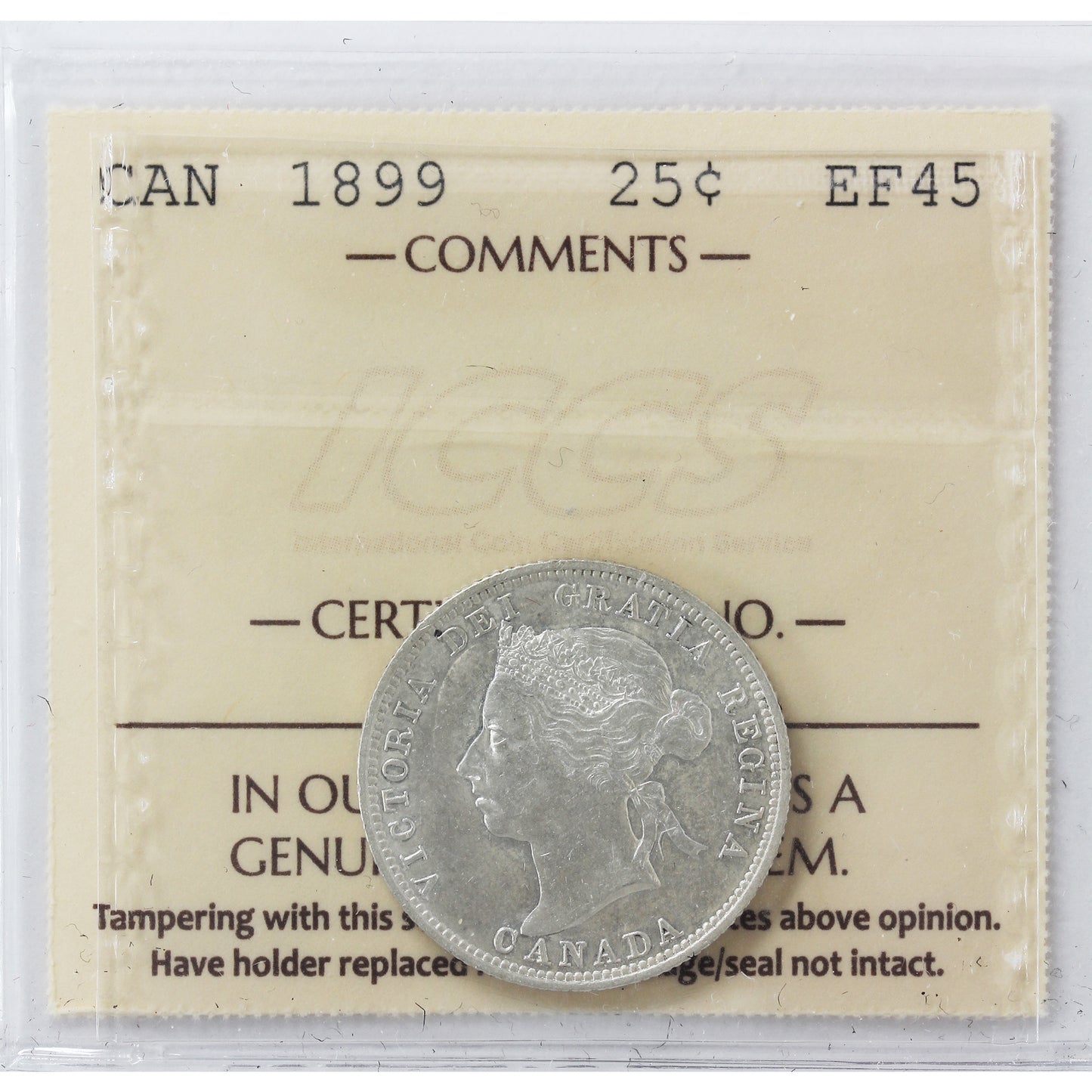 1899 Canada 25-cents ICCS Certified EF-45