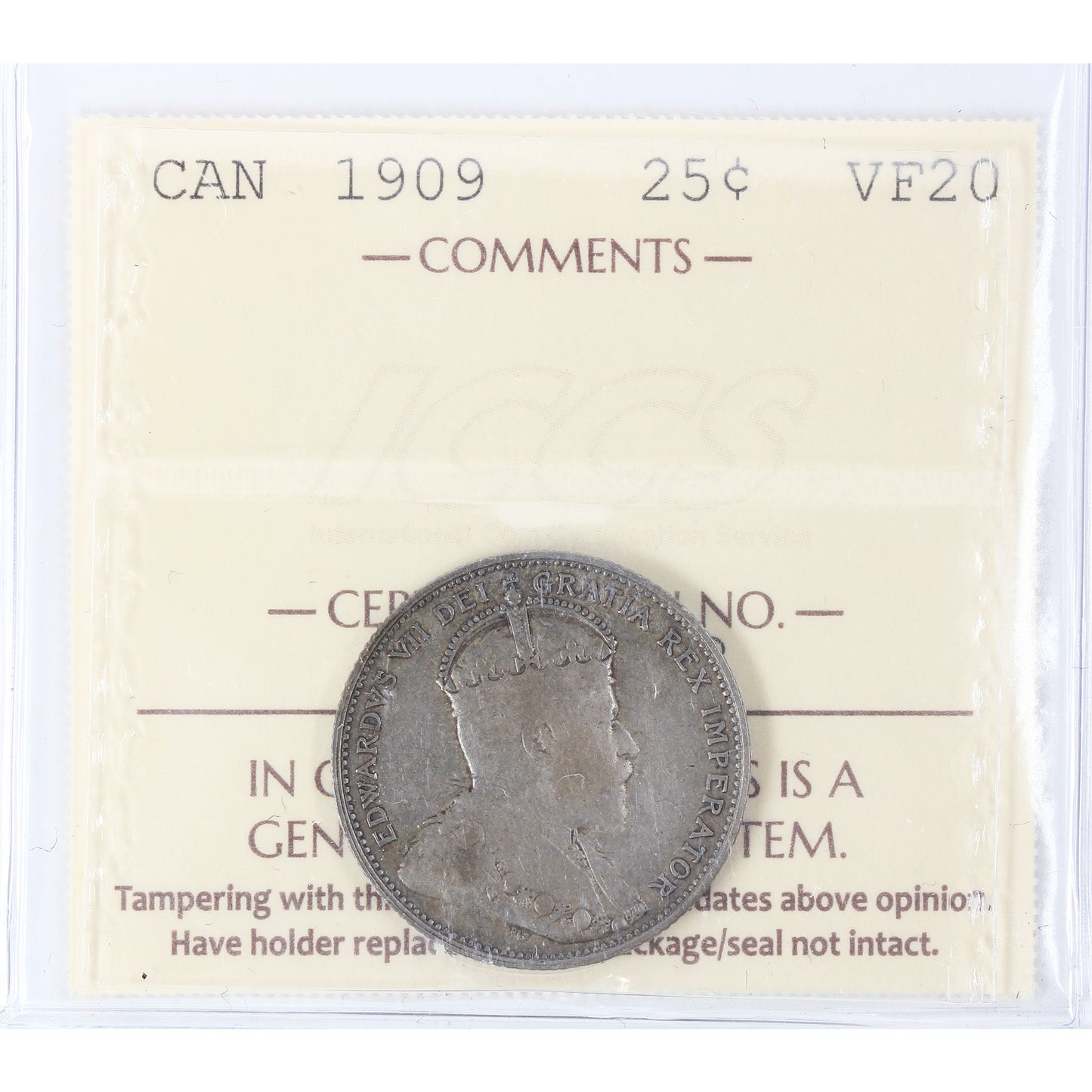 1909 Canada 25-cents ICCS Certified VF20