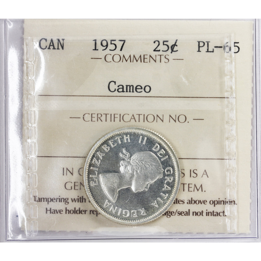 1957 Canada 25-cents ICCS Certified PL65 Cameo