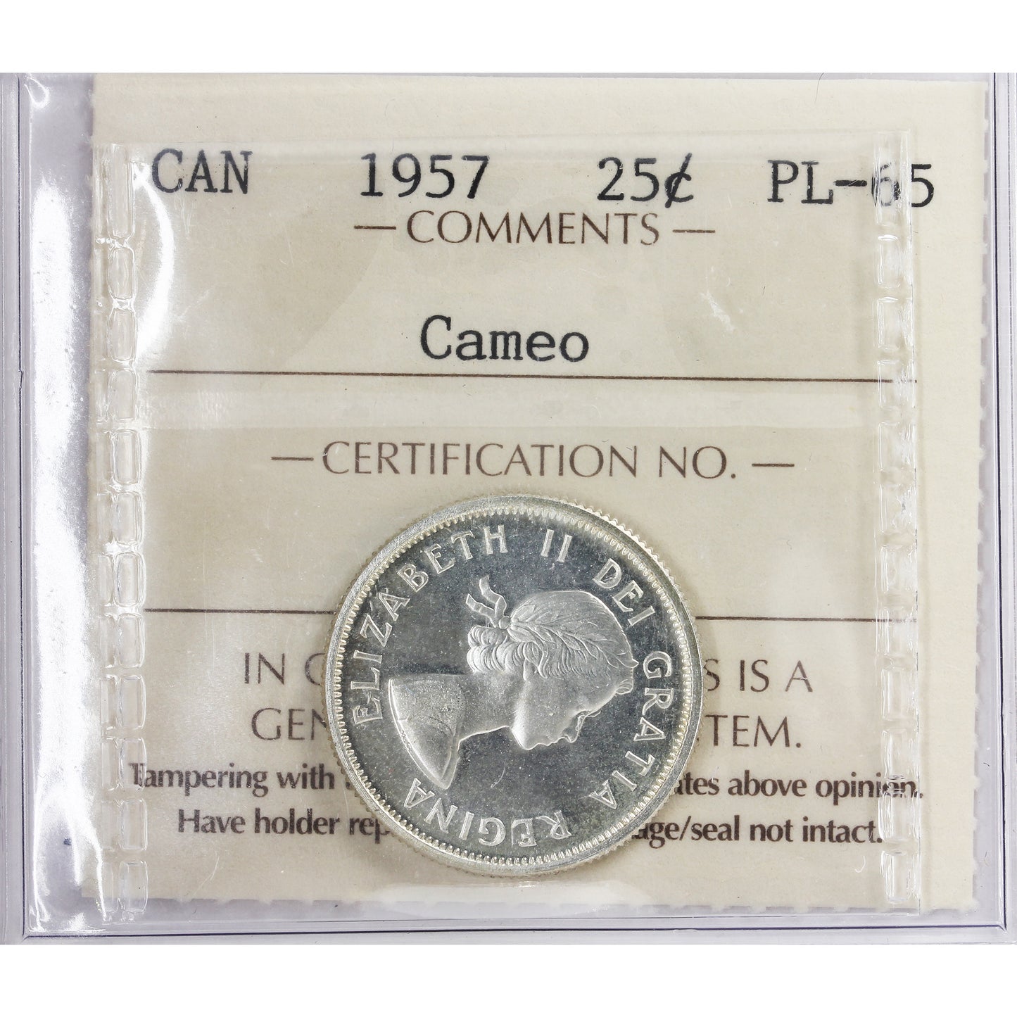 1957 Canada 25-cents ICCS Certified PL65 Cameo