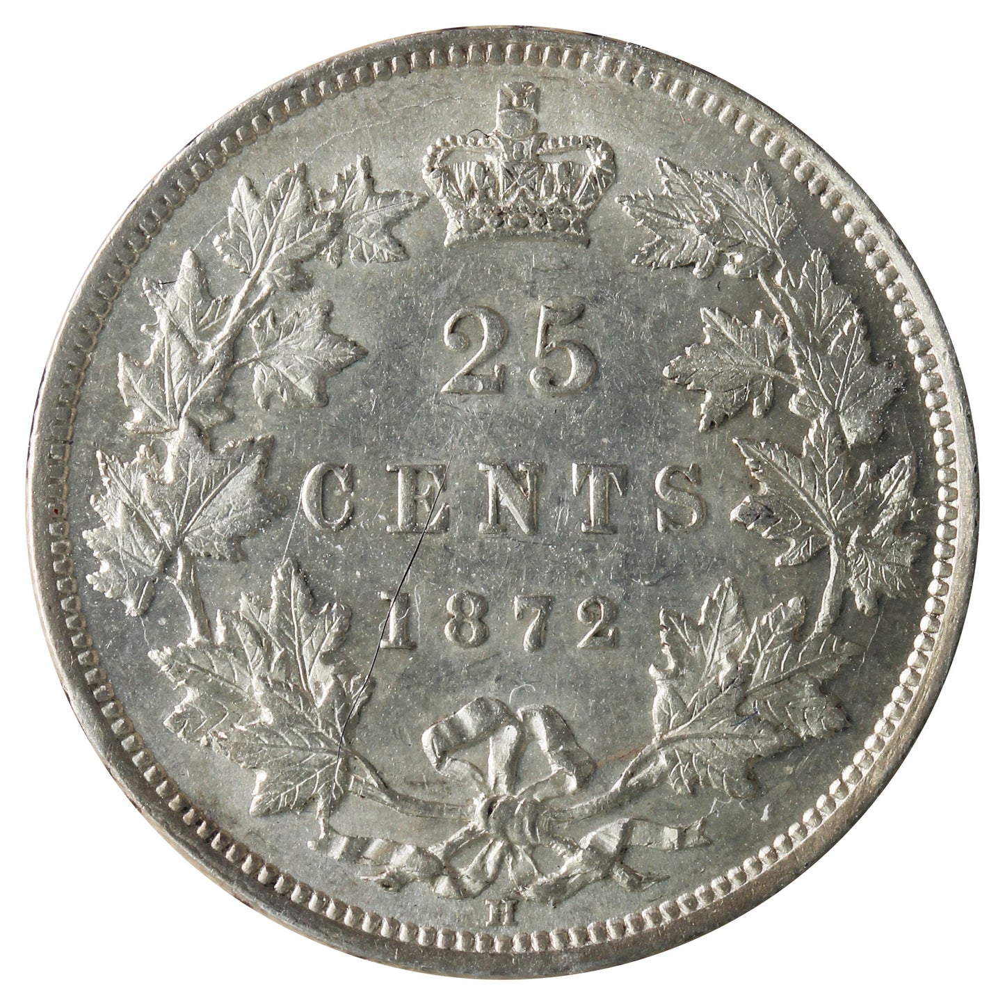 1872H 7/7, Obv. 2 Canada 25-cents ICCS Certified AU50