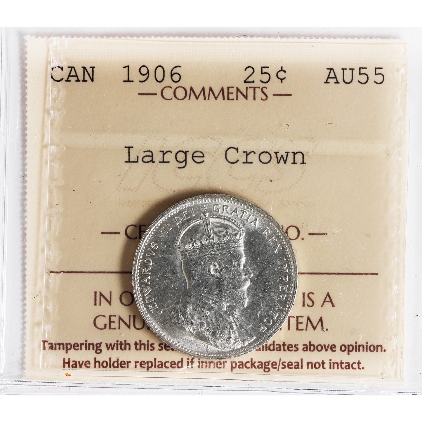 1906 Large Crown Canada 25-cents ICCS Certified AU-55