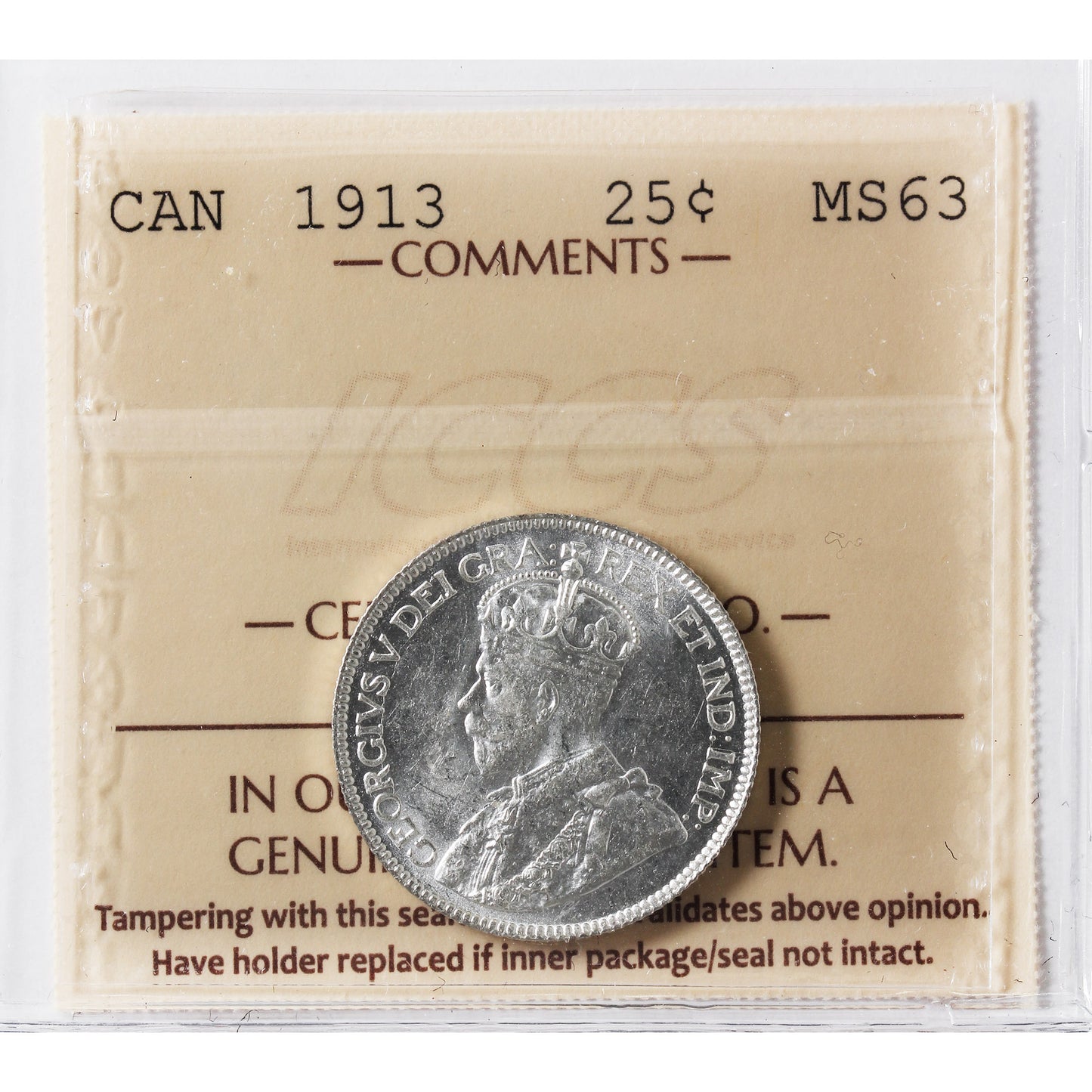 1913 Canada 25-cents ICCS Certified MS-63 (XHT 097)