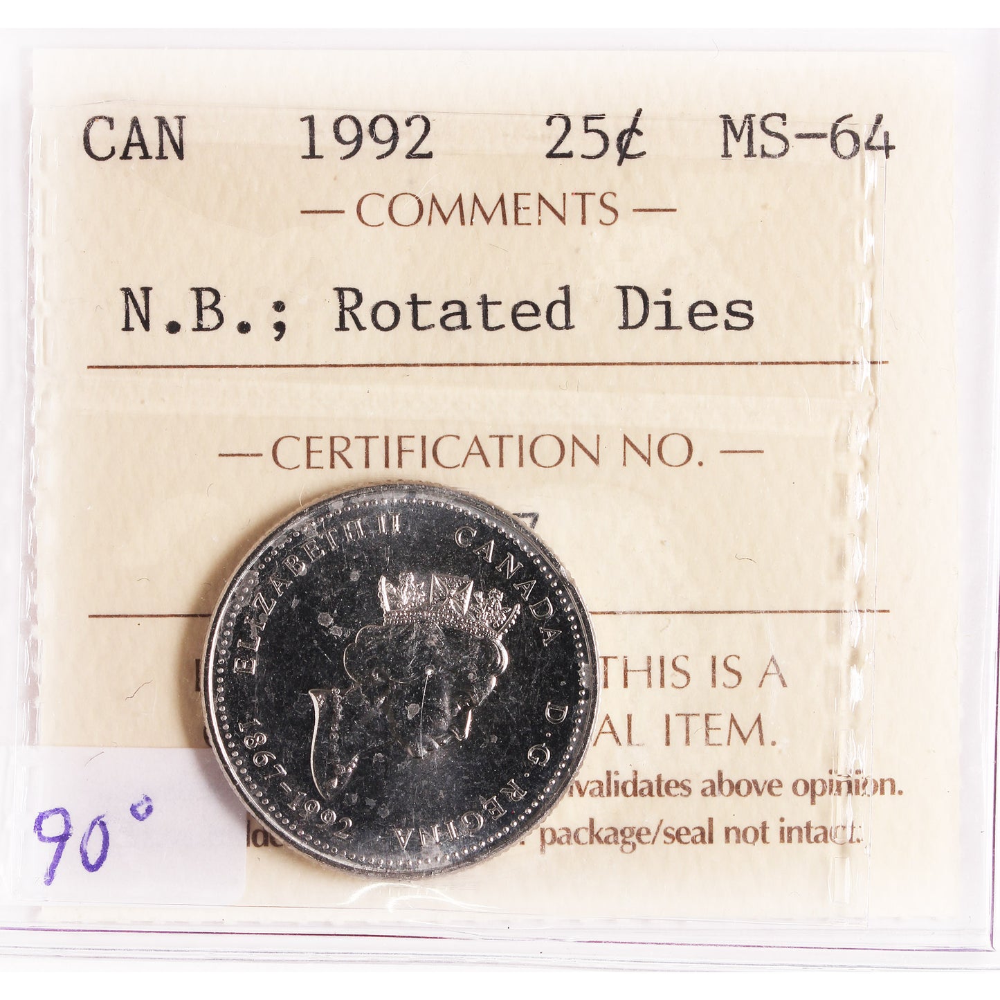 1992 NB Rotated Dies 90 Degrees Canada 25-cents ICCS Certified MS64