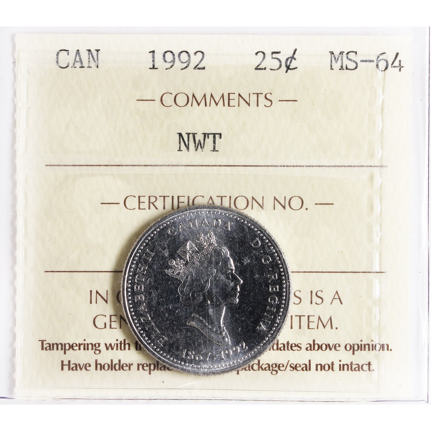 1992 NWT Canada 25-cents ICCS Certified MS64