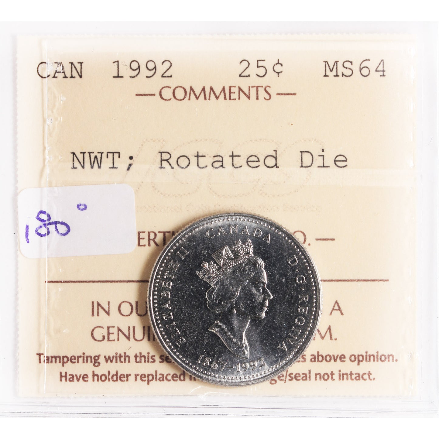 1992 NWT Rotated Dies 180 Degrees Canada 25-cents ICCS Certified MS64