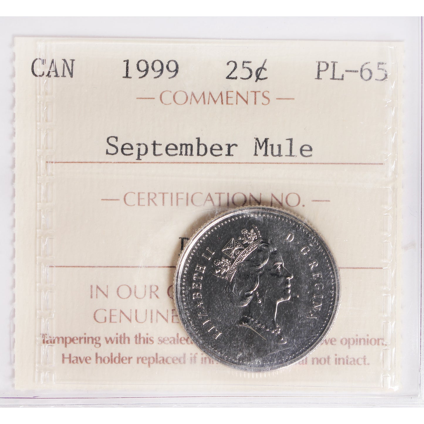 1999 September Mule Canada 25-cents ICCS Certified PL65